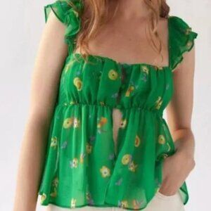 NWT Urban Outfitters Deandra Ruffle Chiffon Split Front Floral Top Green